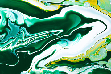 Fluid art texture. Abstract background with swirling paint effect. Liquid acrylic picture with flows and splashes. Mixed paints for baner or wallpaper. Yellow, emerald and white overflowing colors