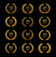 Set of anniversary laurel wreaths. Golden anniversary symbols. 10, 15, 20, 25, 30,40,50,60,70,80,90, 100 years. Template for award and congratulation design. Vector illustration.