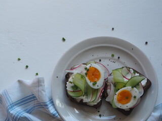 View from above.Light background with organic food sandwiches, egg and vegetables. Healthy natural summer food.