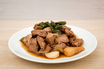 Stewed pork on a white background