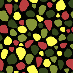 Abstract hand drawn vector seamless pattern. Simple background of random shapes. Bright colorful wallpaper isolated on black fone. Universal design for prints, wrapping, fabric, textile, ornament etc.