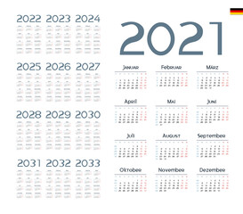 German Calendar for 2021-2033. Week starts on Monday