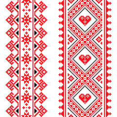 Traditional Ukrainian and Belarusian folk art vector pattern - vertical seamless cross-stitch design in red and black
 