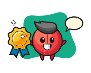 Cricket ball cartoon holding a golden badge