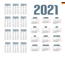 German Calendar for 2021-2033. Week starts on Monday