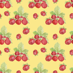 
Seamless pattern. Watercolor hand-drawn illustration. Berries and leaves of strawberries, strawberries. Natural healthy products, fresh. Fruits and vegetarian food. Print, textile, paper.
