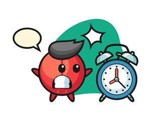 Cricket ball cartoon surprised with a giant alarm clock