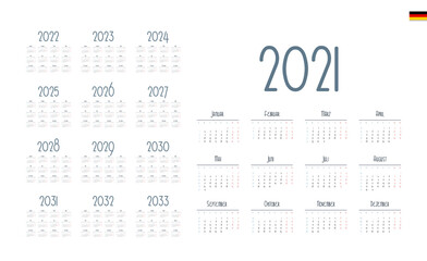 German Calendar for 2021-2033. Week starts on Monday