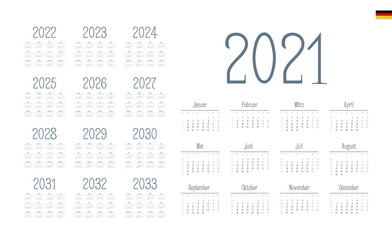 German Calendar for 2021-2033. Week starts on Monday