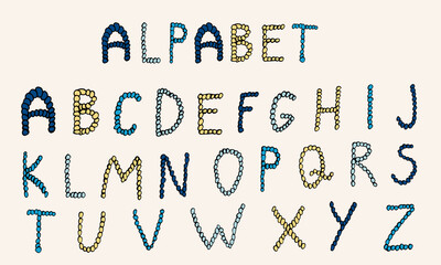 Vector hand drawn alphabet. Colorful English ABCs. Simple typographic design of Latin capital letters made of small circles.