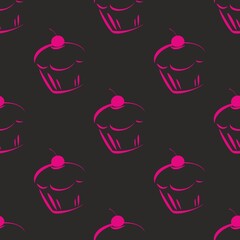 Seamless dark pattern or tile texture with pink cupcakes, sweet cherry cake on black background
