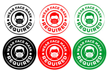 Face mask required sign. Round warning signage for restaurant, cafe and retail business on transparent background. Illustration, vector