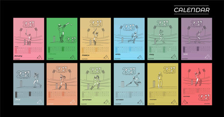 Happy new year 2021 Calendar Cricket Poster Event - New Year Holiday design elements for holiday cards, calendar banner poster for decorations, Vector Illustration Background.