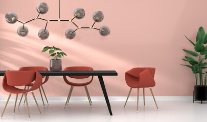 Dining room / conference room, modern, stylish interior with desk and design chairs in marsala and soft blush pink colors, folding pendant lamp, blank wall mockup