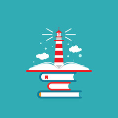book stack with lighthouse or beacon and clouds on blue background.