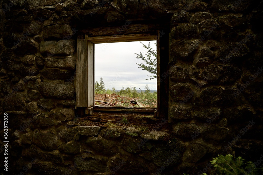 Sticker View from the window of an old abandoned and ruined building in Halifax, Canada