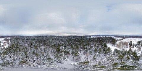 An aerial drone view of the beautiful winter forest.  Idyllic winter landscape from a birds eye view. 360 degrees panorama © 360PANO.EU