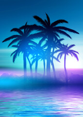 Obraz na płótnie Canvas Abstract futuristic background. Neon glow, reflection of tropical palm trees on the water. Night view, beach party. 3d illustration