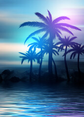 Abstract futuristic background. Neon glow, reflection of tropical palm trees on the water. Night view, beach party. 3d illustration