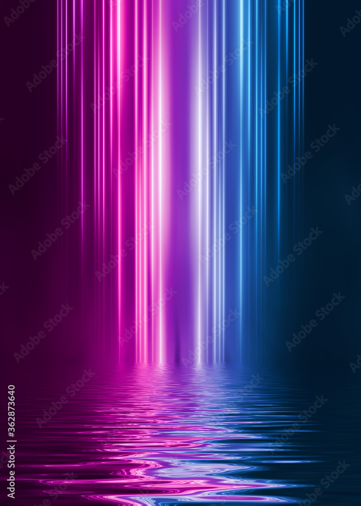 Poster abstract dark futuristic background. neon rays of light are reflected from the water. background of 