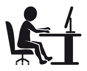 Icon computer work: man sits at the office table and works on the computer - flat design / vector / icon