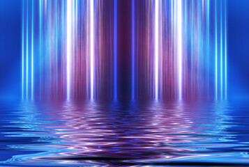Abstract dark futuristic background. Neon rays of light are reflected from the water. Background of...