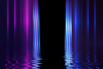Abstract dark futuristic background. Neon rays of light are reflected from the water. Background of...