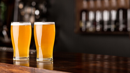 Meeting in evening. Glasses of light beer on wooden bar counter in interior of pub
