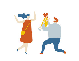 Flat vector cartoon family have fun. Parents and child. Childhood. Outdoor.