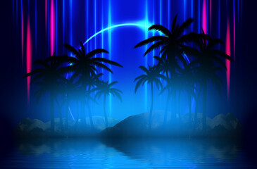 Fototapeta na wymiar Abstract futuristic background. Neon glow, reflection of tropical palm trees on the water. Night view, beach party. 3d illustration