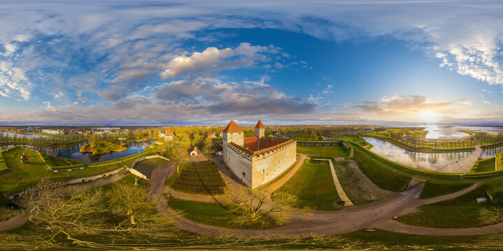 An aerial drone view of the Kuressaare Castle, also Kuressaare Episcopal Castle, is a castle in Kuressaare on Saaremaa island, in western Estonia. 360 degrees panorama