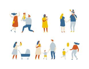 Flat vector cartoon family. Parents and kids. Childhood. Outdoor.