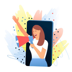 Woman, opinion leader speaks from a smartphone through a megaphone about a product that she likes. The concept of attracting new customers through referral marketing. Flat vector illustration.