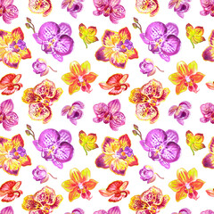 Seamless pattern of flowers and buds of orchids on a white background, watercolor illustration, print for fabric and other designs.