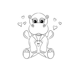 Cute little hippo drawing, line art illustration for coloring book. Funny cartoon baby hippopotamus,  Can be used for t-shirt print, kids wear fashion design, baby shower invitation card. - Vector