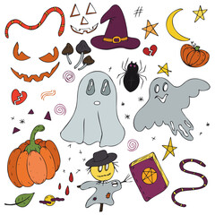 set of color doodles - ghost, grave, pumpkin, hat, scarecrow, vector decorative element for halloween celebration in doodle style, color illustration
