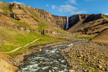 Hengifoss, third highest waterfall in Iceland located in Hengifossá in Fljótsdalshreppur, East...