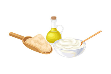 Baking Ingredients with Olive Oil in Glass Jar and Sour Cream Vector Illustration