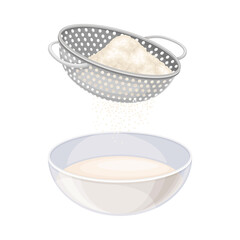 Baking Process with Flour Sieving and Mixing Ingredients for Dough Preparation Vector Illustration