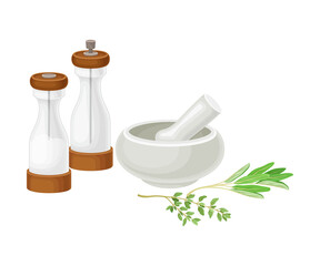 Baking Ingredients with Herbs Pounding with Pestle Vector Illustration