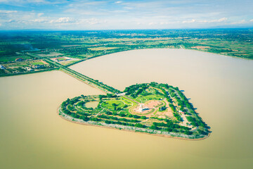 Aerial top view of Heart shaped island (The Holy Heart Land Talayluang) at daytime in Thung Talayluang in Sukhothai,Thailand.