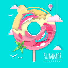Donut with sea or osean island landscape and dolphin inside. Summer beach background. Cut out paper art style design. Origami