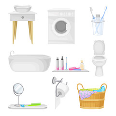 Bathroom Items with Pieces of Furniture and Lavatory Equipment Vector Set