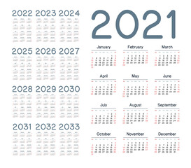 English calendar for years 2021-2033, week starts on Sunday