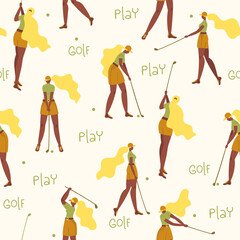 Fototapeta na wymiar Seamless pattern with african american young girl hitting ball with golf club. Vector flat hand drawn illustration. Female golfer plays golf background, backdrop. Woman in sport. Cartoon characters.