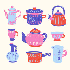 Set with kitchen utensil. Scandinavian illustration of kitchen elements in flat style. Funny cartoon texture with hand drawn kitchenware. Vector doodle clipart.