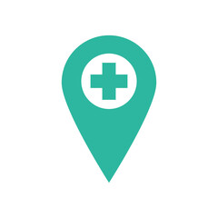Flat icon location with cross isolated on white background. Hospital pin. Vector illustration.