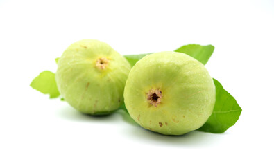 Ripe figs fruit with leaves isolated on white background