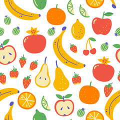 Seamless pattern with Illustration of fruits. Flat hand drawn background with healthy food. Organic farm products in sketch style. Isolated scandinavian items.