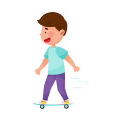 Little Boy Character Skateboarding Isolated on White Background Vector Illustration